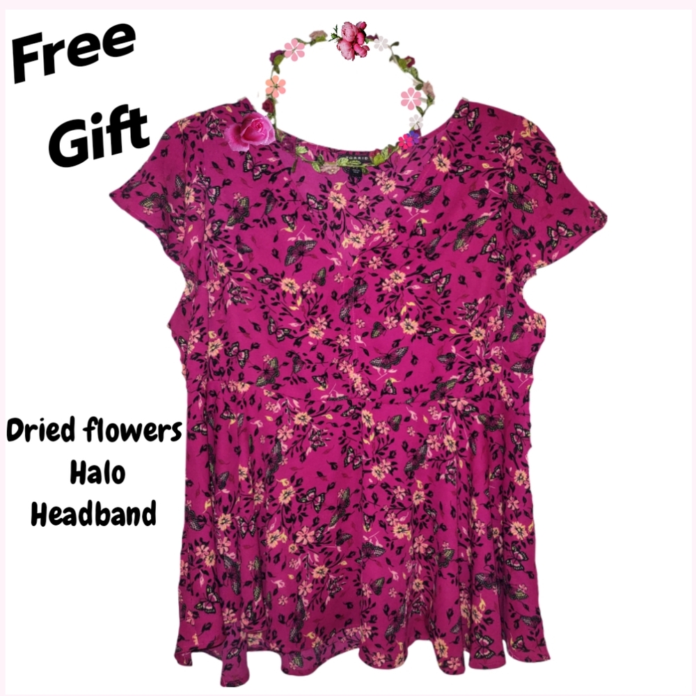 Torrid Raspberry Pink Floral Flowy Blouse + Gift